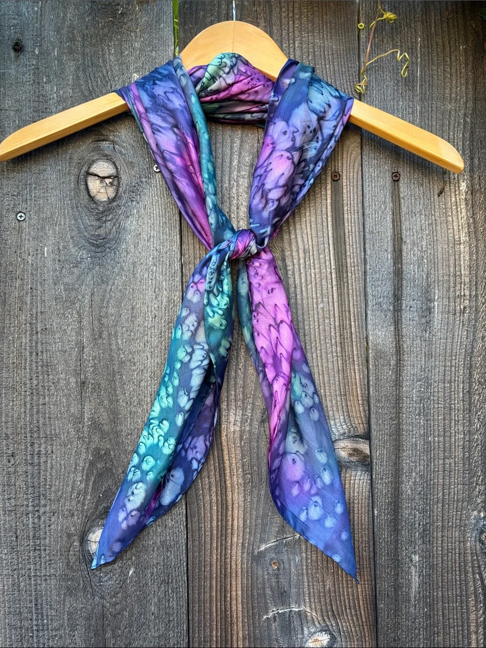 100% Silk Hand Dyed Art to Wear Sheer Neck Scarf Purple Turquoise & Navy Soft!